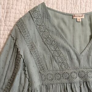 Hem & Thread Sage Green Crochet-Trim V-Neck Tunic